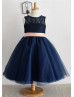 Navy Blue Lace Tulle Keyhole Back Knee Length Flower Girl Dress